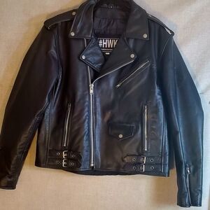 HWK Brando Moto Sport Classic Black Biker Leather Jacket with Metal Hardware